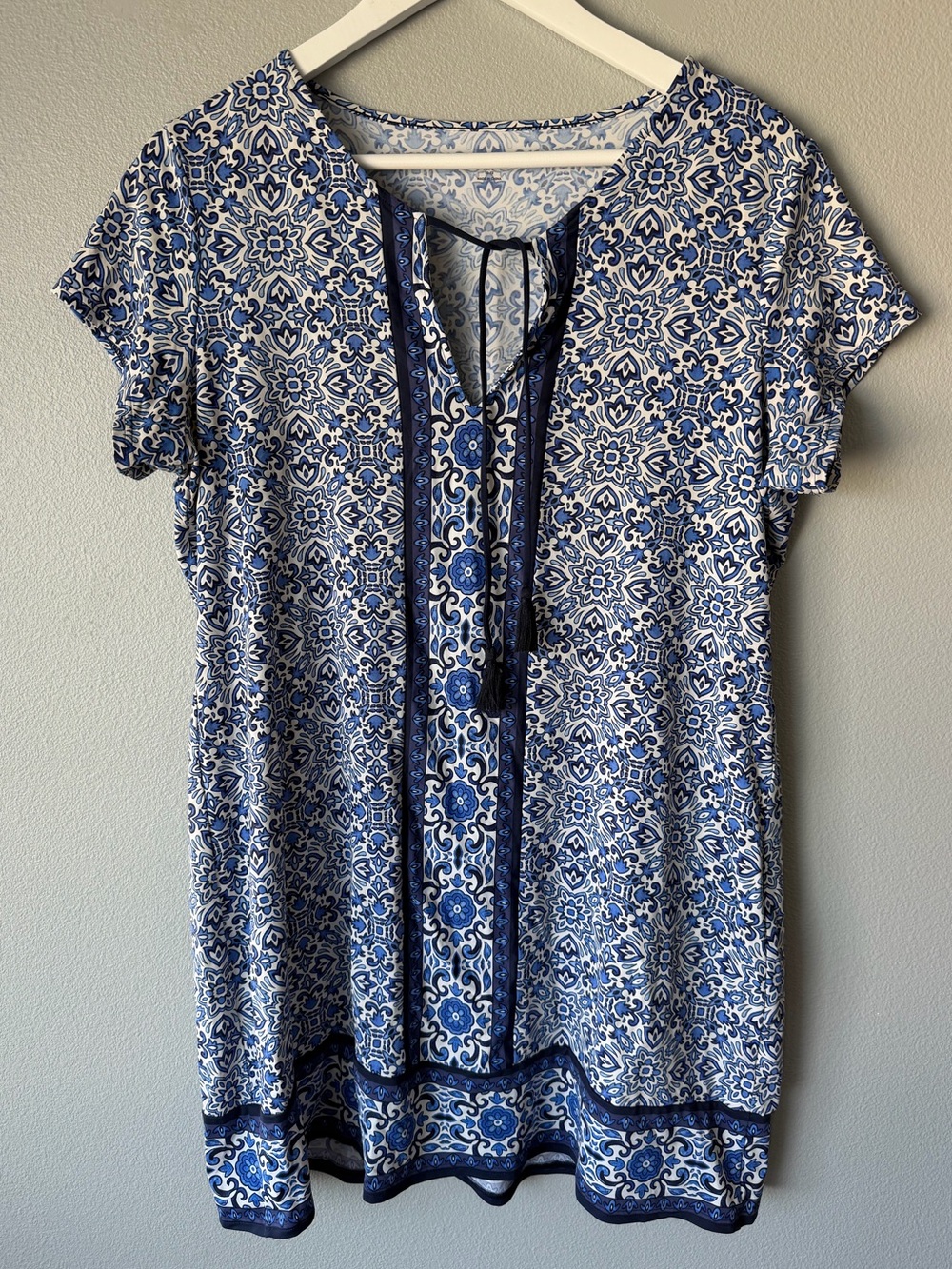 Lands’ End white blue geometric print swim cover short sleeve mini dress sz MP